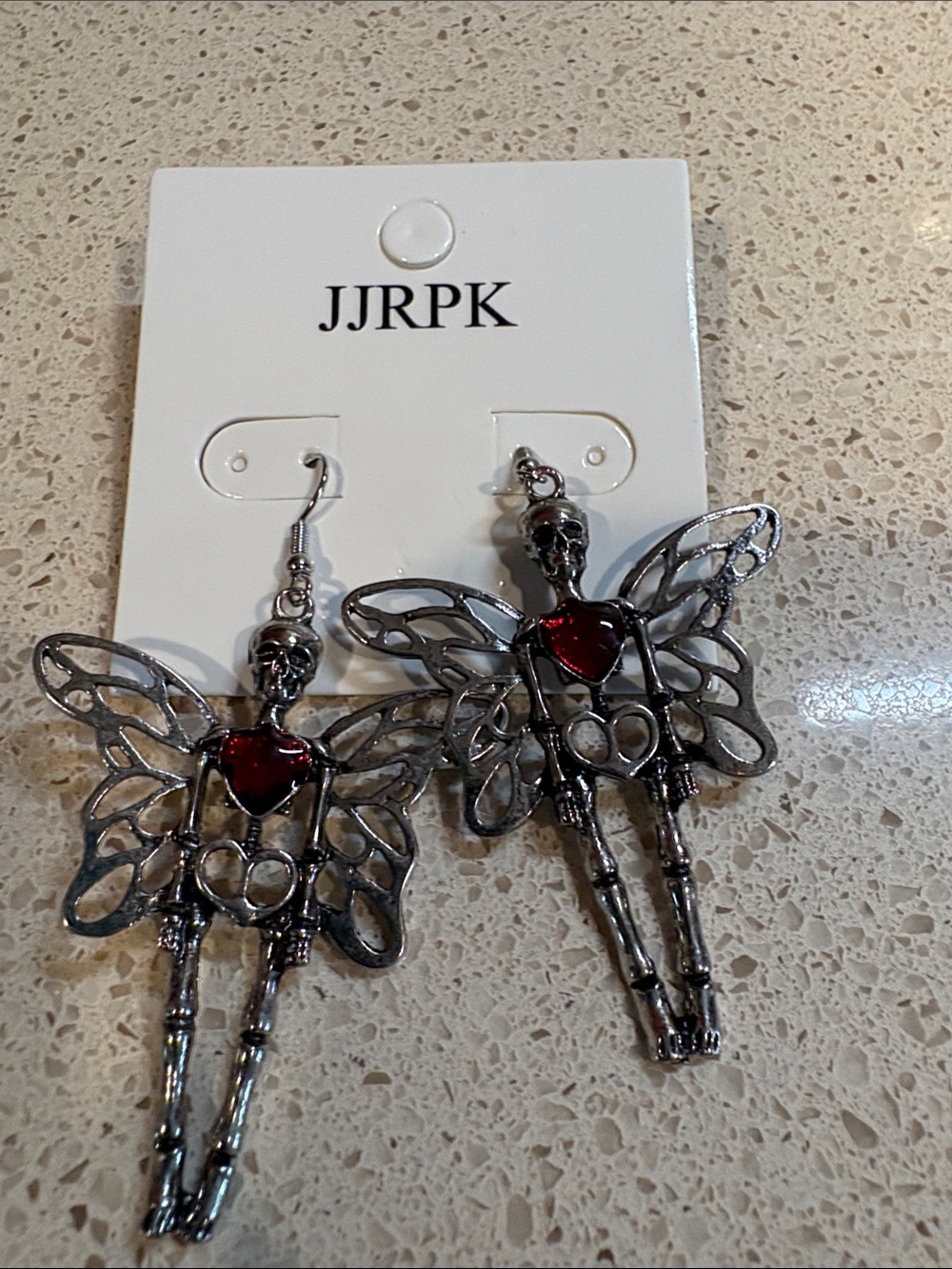 Silver Fairy Skeleton Earrings with Red Heart NEW